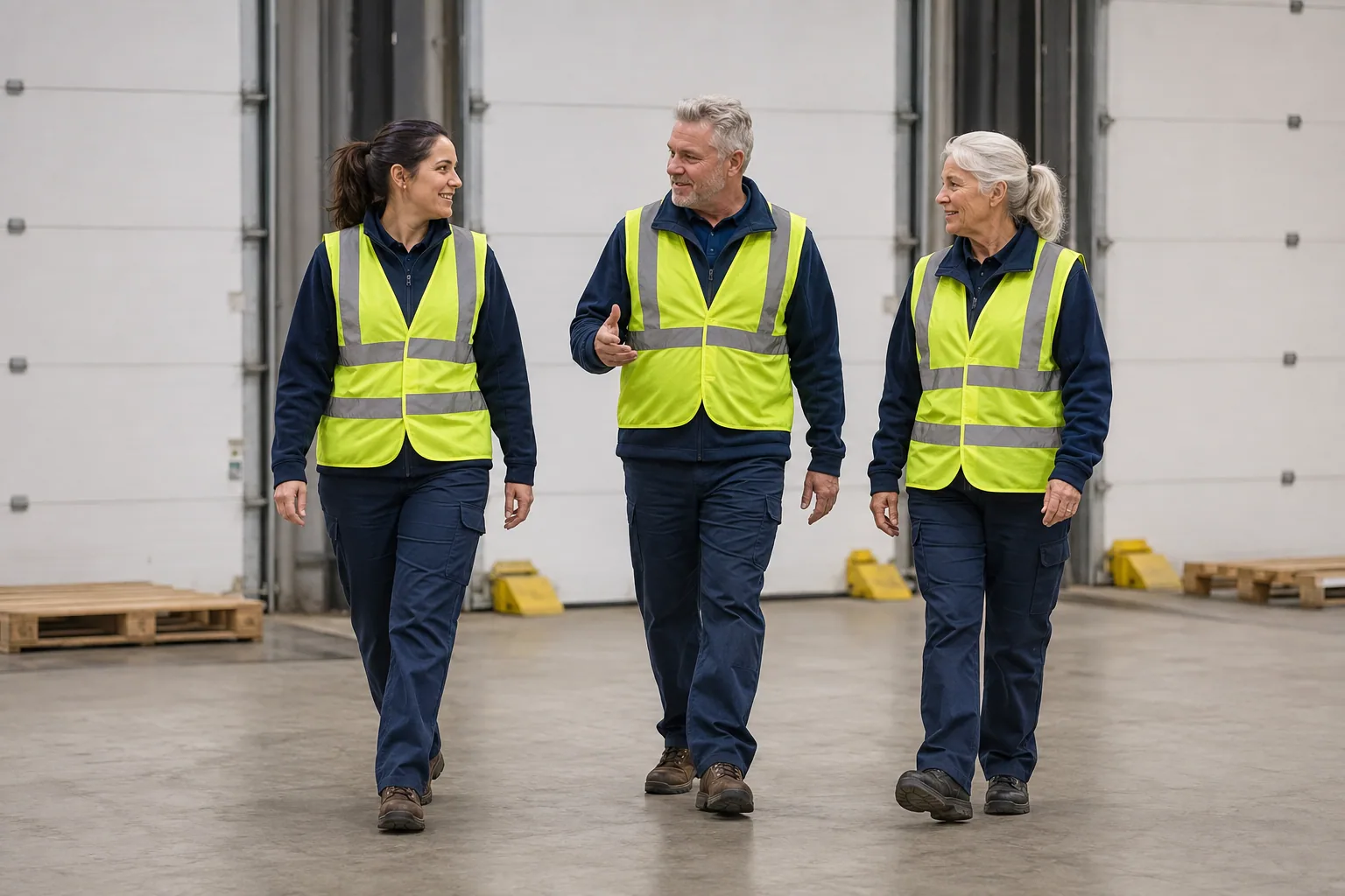 Three warehouse employees walking through a receiving area