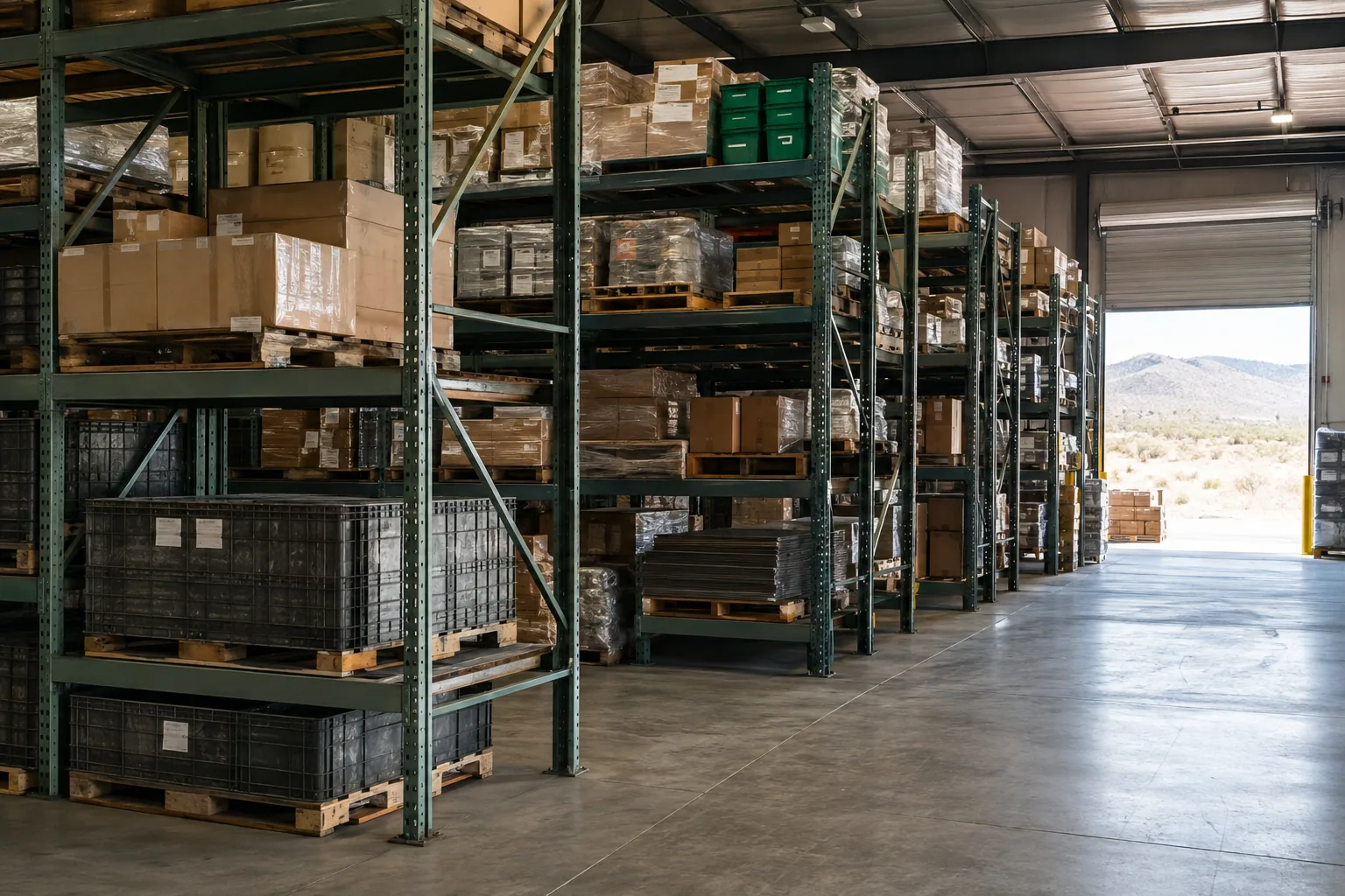Diagonal cross-aisle view of pallet racks and receiving doors